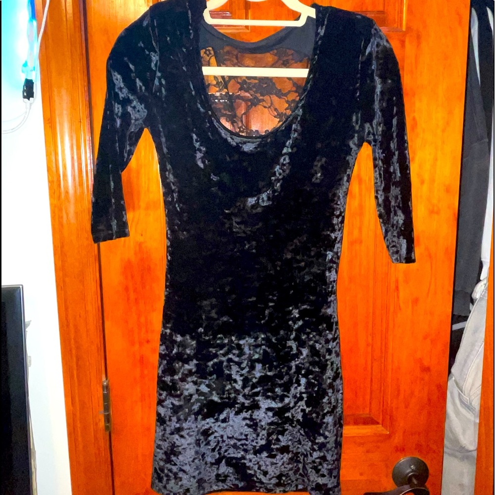 Crushed black velvet mini quarter sleeve dress with lace back